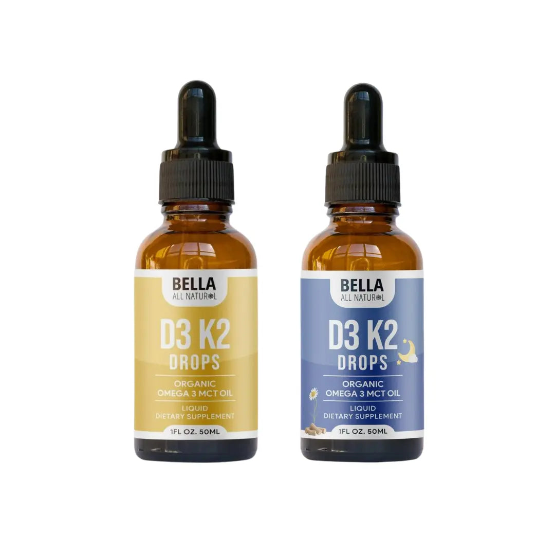 Bella All Natural D3 K2 Drops Day & Night Bundle (50 mL Each) – Organic Omega 3 MCT Oil